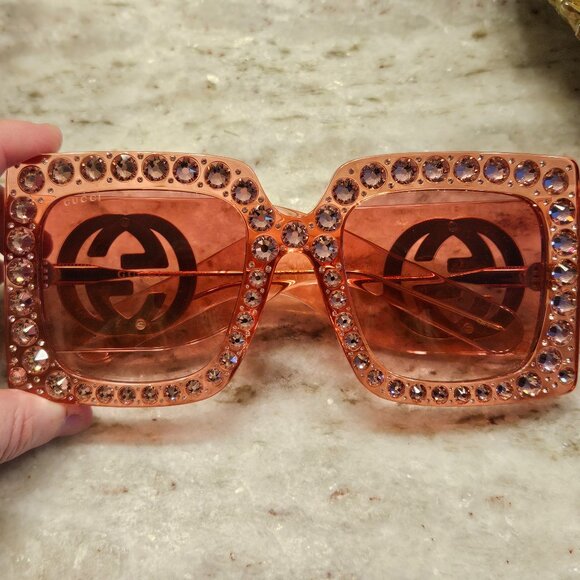 GUCCI HOLLYWOOD FOREVER OVERSIZED SQUARE PINK EMBELLISHED CRYSTAL SUNGLASSES - Picture 1 of 7
